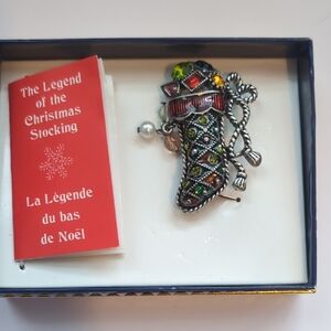 Festive Christmas Stocking Brooch with Gem Accents
